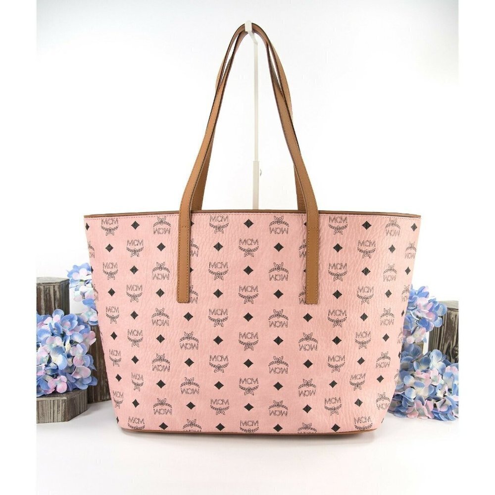 MCM Anya Baby Pink Visetos Logo Stripe Large Tote Bag NWT - Picture 2 of 10